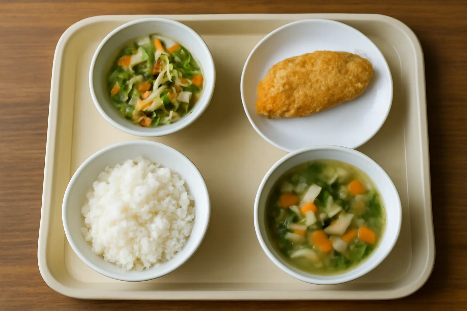 Mâm cơm đơn giản bốn món trên bàn gỗ