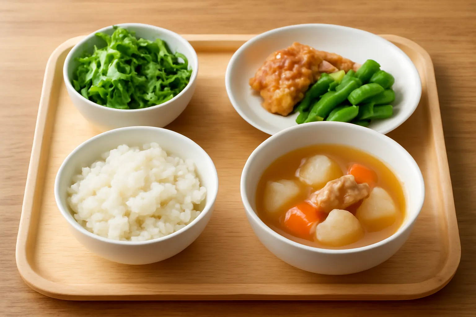 Mâm cơm nhỏ với bốn đĩa món trên bàn
