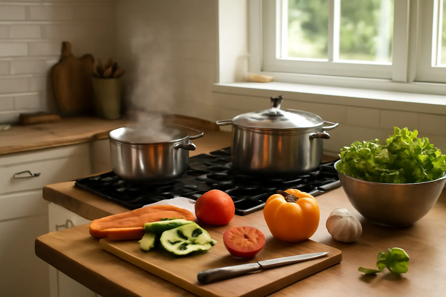 Gian bếp nhà với nồi và rau củ đang sơ chế