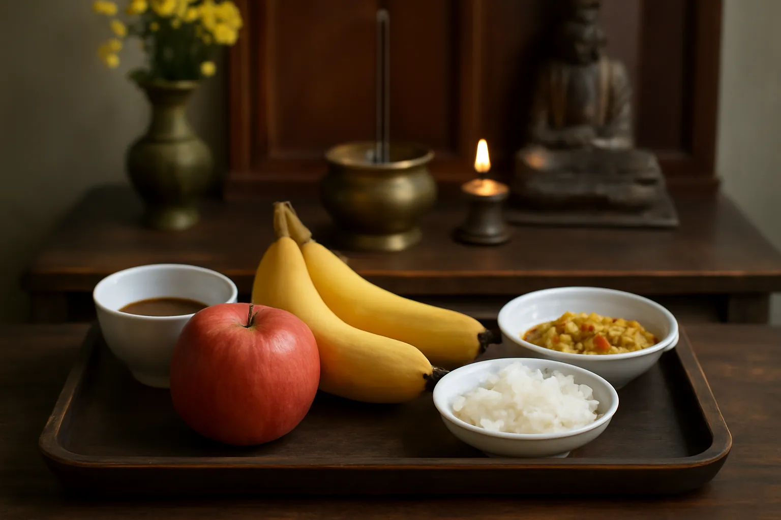 Mâm cúng nhỏ với hoa quả và vài đĩa món