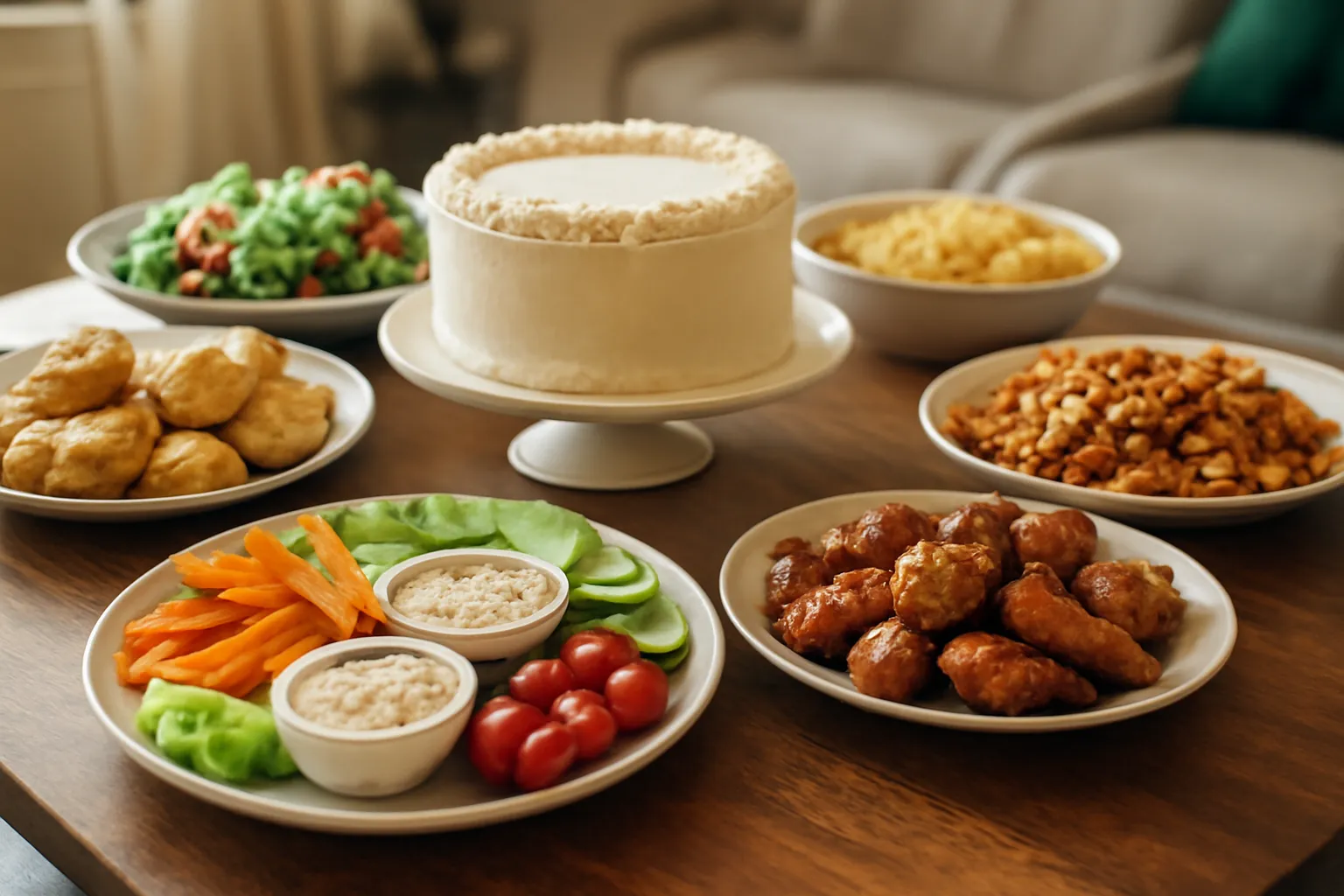 Bàn tiệc nhà với nhiều đĩa món và bánh