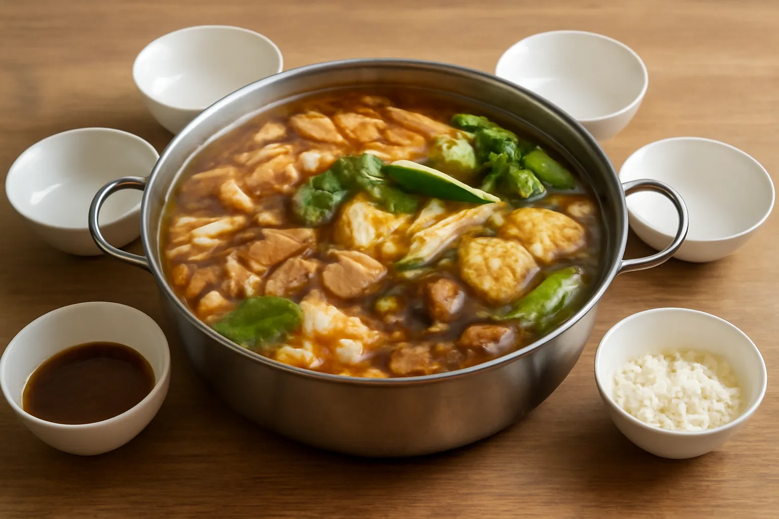 Nồi lẩu lớn và các bát trên bàn